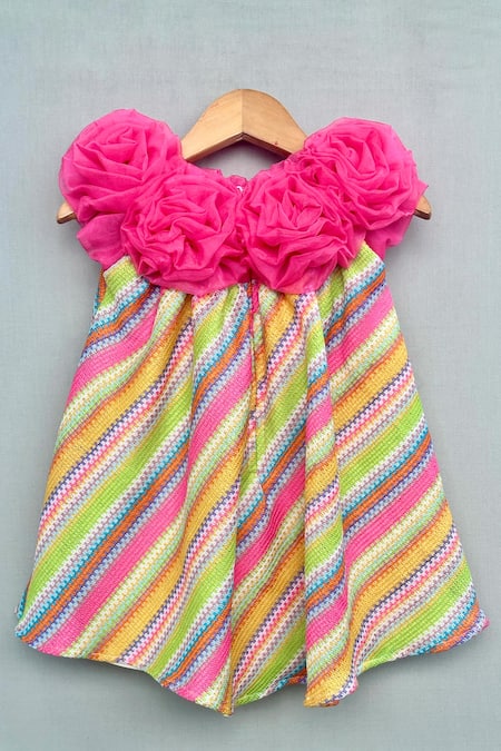 Shop Label Neeti Multi Color Organza, Knit, Lining Cotton Floral Applique, Stripe Woven Dress at Aza Fashions Shop_Label Neeti_Multi Color Organza, Knit, Lining Cotton Floral Applique, Stripe Woven Dress _at_Aza_Fashions