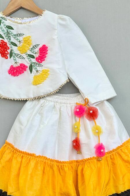 Label Neeti White Chanderi, Silk, Lining Floral Embroidered Top And Lehenga Set Online at Aza Fashions Label Neeti_White Chanderi, Silk, Lining Floral Embroidered Top And Lehenga Set _Online_at_Aza_Fashions