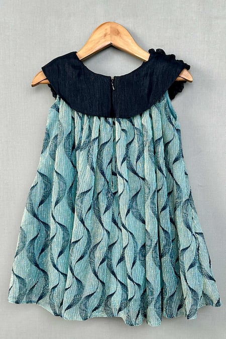 Shop Label Neeti Blue Lycra, Cotton Teal Wavy Metallic Pattern Dress at Aza Fashions Shop_Label Neeti_Blue Lycra, Cotton Teal Wavy Metallic Pattern Dress _at_Aza_Fashions
