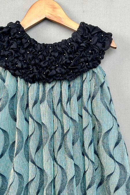 Label Neeti Blue Lycra, Cotton Teal Wavy Metallic Pattern Dress Online at Aza Fashions Label Neeti_Blue Lycra, Cotton Teal Wavy Metallic Pattern Dress _Online_at_Aza_Fashions