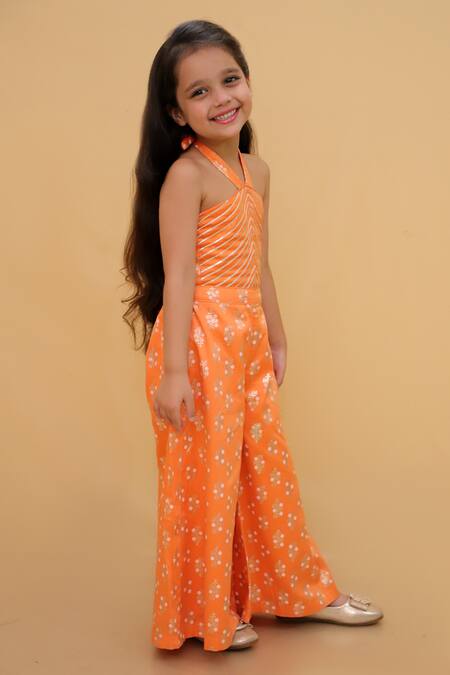 Lil Drama_Orange Satin, Gota Patti, Floral Embellished Halter Neck Jumpsuit _Online_at_Aza_Fashions