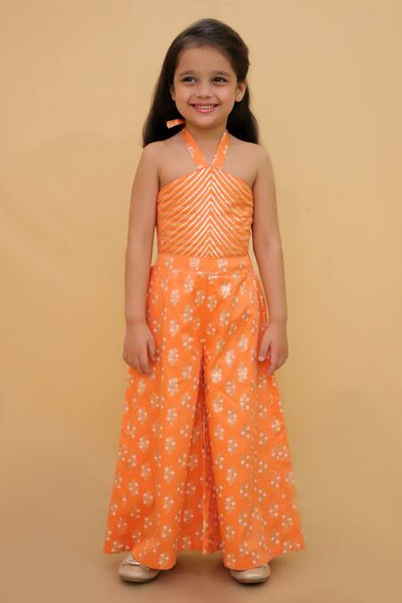 Buy_Lil Drama_Orange Satin, Gota Patti, Floral Embellished Halter Neck Jumpsuit _Online_at_Aza_Fashions