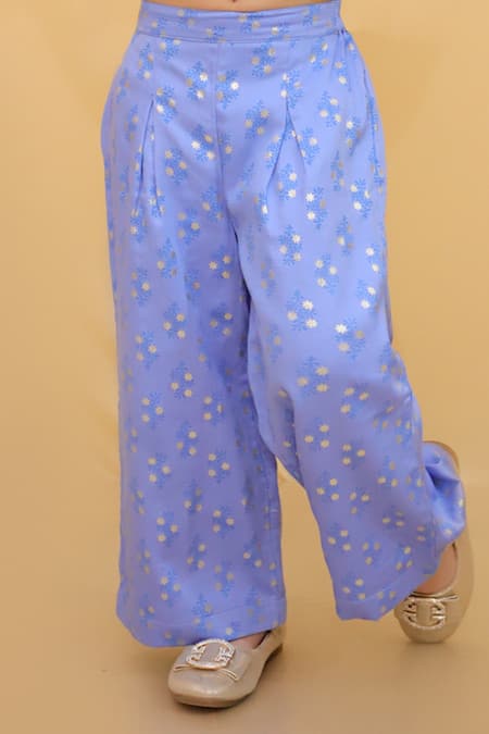 Lil Drama_Blue Satin, Embroidery, Fabric Flowers, Foil 3d Top And Pant Set _Online_at_Aza_Fashions