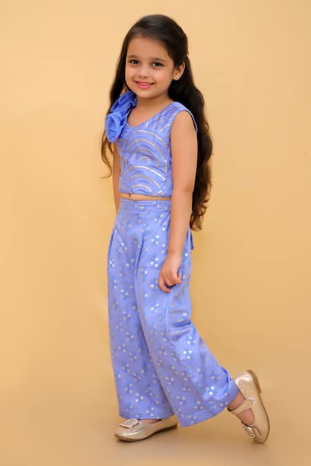 Buy_Lil Drama_Blue Satin, Embroidery, Fabric Flowers, Foil 3d Top And Pant Set _Online_at_Aza_Fashions