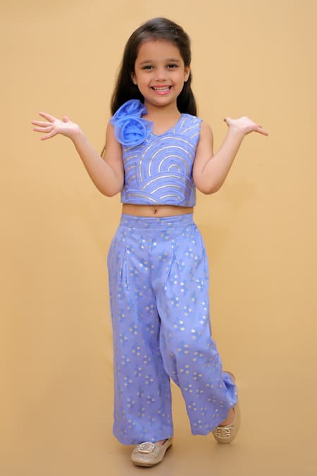 Shop_Lil Drama_Blue Satin, Embroidery, Fabric Flowers, Foil 3d Top And Pant Set _Online_at_Aza_Fashions