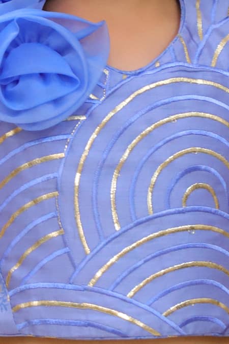 Lil Drama_Blue Satin, Embroidery, Fabric Flowers, Foil 3d Top And Pant Set _at_Aza_Fashions