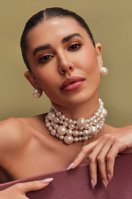 Anaash White Layered Pearl Choker Necklace Online at Aza Fashions Anaash_White Layered Pearl Choker Necklace _Online_at_Aza_Fashions