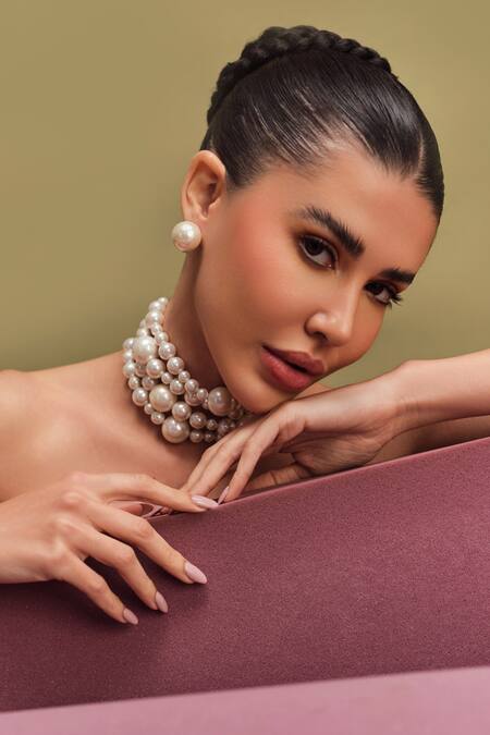 Shop Anaash White Layered Pearl Choker Necklace at Aza Fashions Shop_Anaash_White Layered Pearl Choker Necklace _at_Aza_Fashions