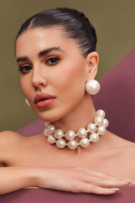 Anaash White Two Layered Pearl Choker Necklace Online at Aza Fashions Anaash_White Two Layered Pearl Choker Necklace _Online_at_Aza_Fashions