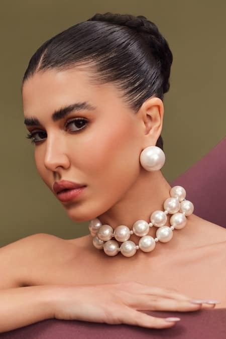 Shop Anaash White Two Layered Pearl Choker Necklace at Aza Fashions Shop_Anaash_White Two Layered Pearl Choker Necklace _at_Aza_Fashions