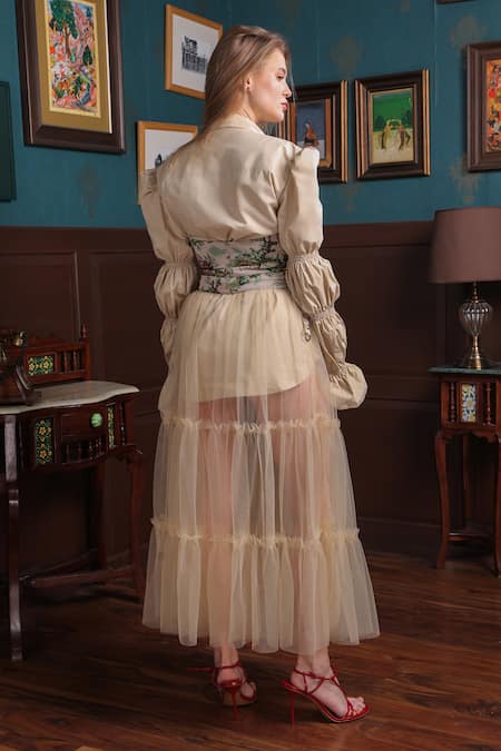 Shop_Label Muslin_Beige Cotton, Canvas Embroidery Collared Balloon Sleeve Shirt And Sheer Skirt Set _at_Aza_Fashions