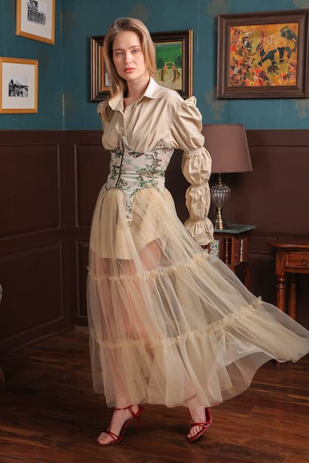 Label Muslin_Beige Cotton, Canvas Embroidery Collared Balloon Sleeve Shirt And Sheer Skirt Set _Online_at_Aza_Fashions