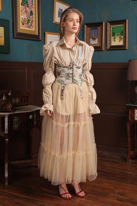 Buy_Label Muslin_Beige Cotton, Canvas Embroidery Collared Balloon Sleeve Shirt And Sheer Skirt Set _Online_at_Aza_Fashions