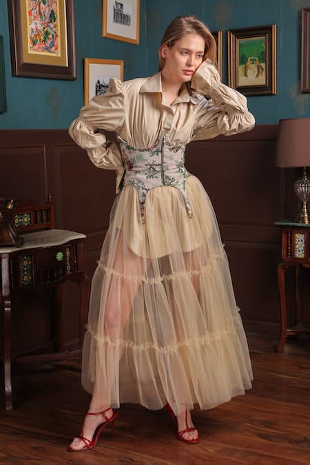 Label Muslin Beige Balloon Sleeve Shirt & Sheer Skirt Set 