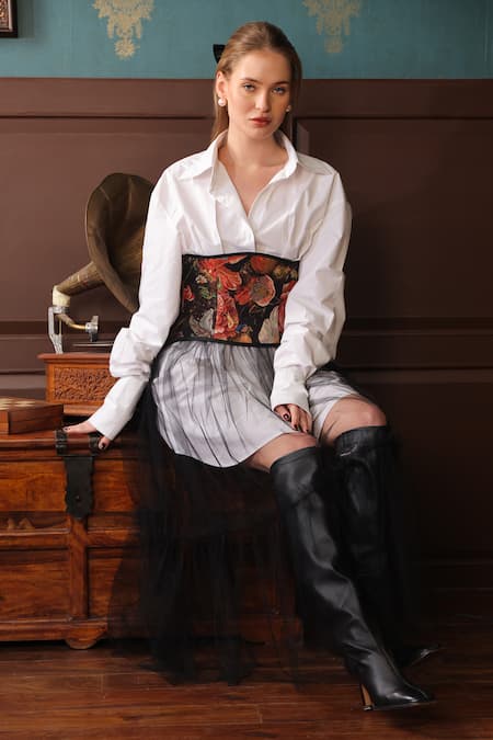 Label Muslin_Black Cotton, Canvas Tule Floral Bloom Collared Sheer Tiered Skirt Corset Set _Online_at_Aza_Fashions