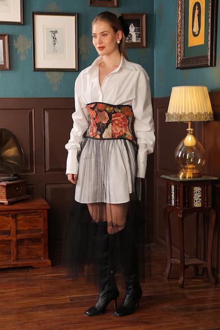 Buy_Label Muslin_Black Cotton, Canvas Tule Floral Bloom Collared Sheer Tiered Skirt Corset Set _Online_at_Aza_Fashions
