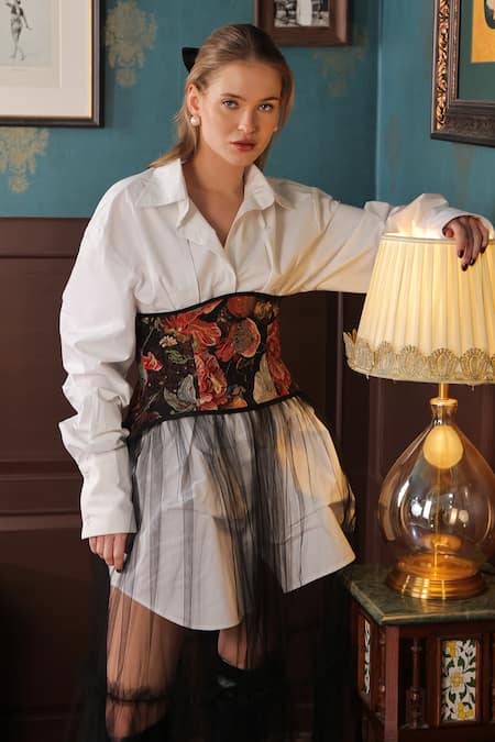 Shop_Label Muslin_Black Cotton, Canvas Tule Floral Bloom Collared Sheer Tiered Skirt Corset Set _Online_at_Aza_Fashions