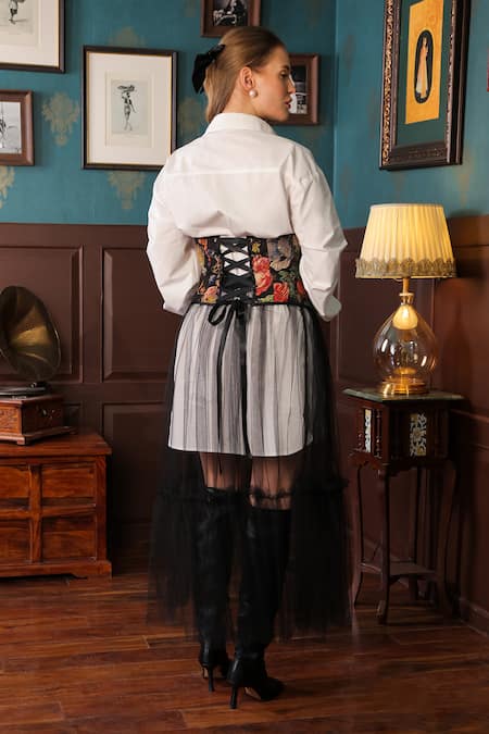 Shop_Label Muslin_Black Cotton, Canvas Tule Floral Bloom Collared Sheer Tiered Skirt Corset Set _at_Aza_Fashions