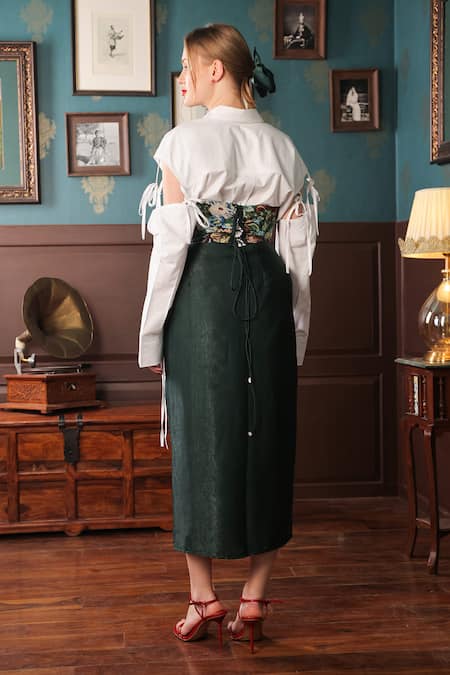 Shop_Label Muslin_Green Cotton, Canvas Satin Floral Blossom Shirt Thigh Slit Skirt Set _at_Aza_Fashions