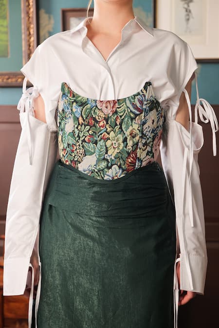 Shop_Label Muslin_Green Cotton, Canvas Satin Floral Blossom Shirt Thigh Slit Skirt Set _Online_at_Aza_Fashions