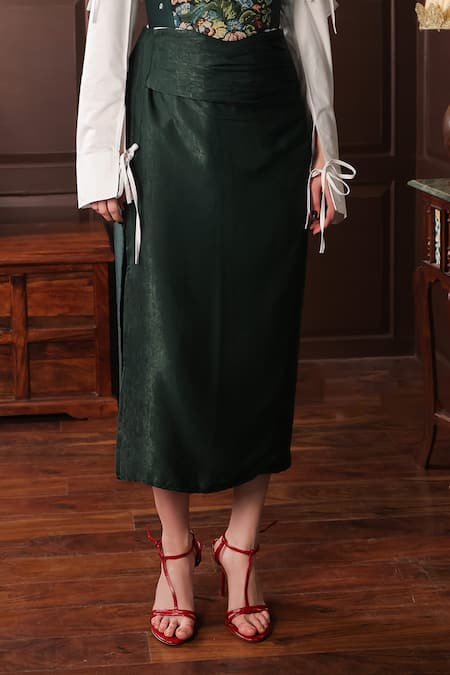 Label Muslin_Green Cotton, Canvas Satin Floral Blossom Shirt Collared, High Slit Skirt Set _Online_at_Aza_Fashions