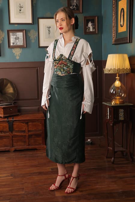 Label Muslin_Green Cotton, Canvas Satin Floral Blossom Shirt Collared, High Slit Skirt Set _at_Aza_Fashions