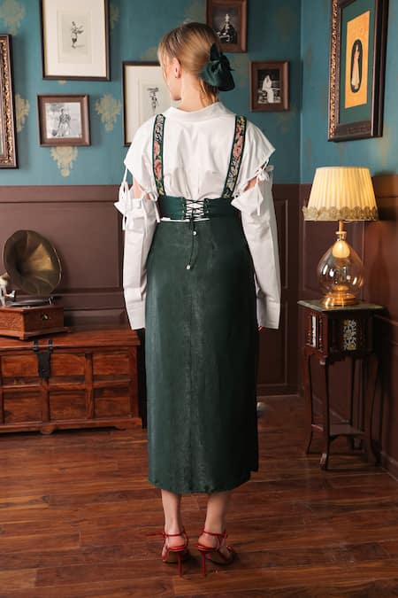 Shop_Label Muslin_Green Cotton, Canvas Satin Floral Blossom Shirt Collared, High Slit Skirt Set _at_Aza_Fashions