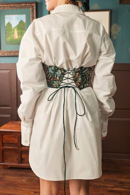 Label Muslin_White Cotton, Canvas Floral Blossom Collared Solid Shirt Dress With Corset _Online_at_Aza_Fashions