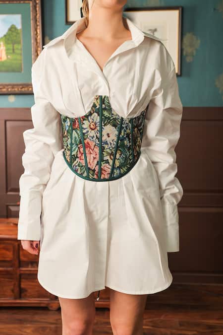 Buy_Label Muslin_White Cotton, Canvas Floral Blossom Collared Solid Shirt Dress With Corset _Online_at_Aza_Fashions