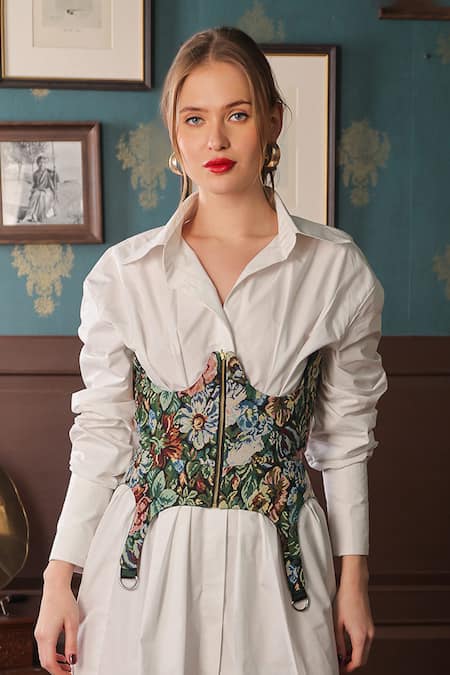 Label Muslin_White Cotton, Canvas Floral Blossom Collared Solid Shirt Dress And Corset Set _Online_at_Aza_Fashions