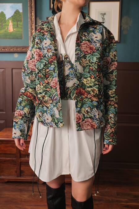 Label Muslin Multi Color Cotton, Canvas Embroidery Collared Floral Jacket And Shirt Dress Set at Aza Fashions Label Muslin_Multi Color Cotton, Canvas Embroidery Collared Floral Jacket And Shirt Dress Set_at_Aza_Fashions
