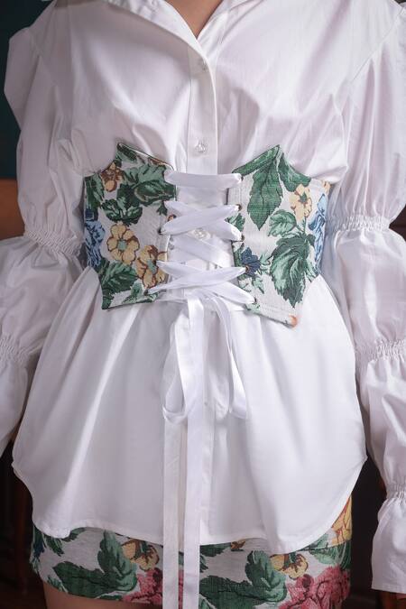 Shop Label Muslin White Cotton, Canvas Floral Shirt Collar Solid Pattern Skirt Set Online at Aza Fashions Shop_Label Muslin_White Cotton, Canvas Floral Shirt Collar Solid Pattern Skirt Set _Online_at_Aza_Fashions