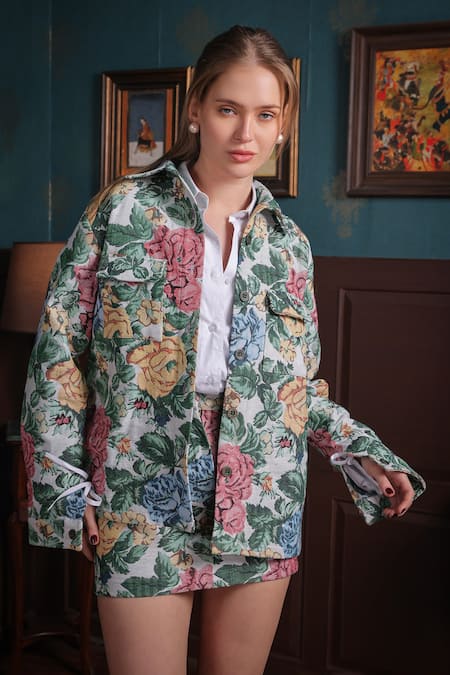 Shop_Label Muslin_White Cotton, Canvas Collared Floral Jacket And Skirt Set _Online_at_Aza_Fashions