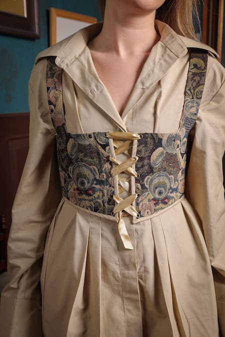 Shop Label Muslin Beige Cotton, Canvas Square Neck, Collared Shirt Dress With Teddy Corset Online at Aza Fashions Shop_Label Muslin_Beige Cotton, Canvas Square Neck, Collared Shirt Dress With Teddy Corset _Online_at_Aza_Fashions