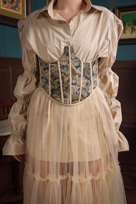 Label Muslin Beige Cotton, Canvas, Tule Teddy Shirt Collar Solid With Tiered Skirt Set Online at Aza Fashions Label Muslin_Beige Cotton, Canvas, Tule Teddy Shirt Collar Solid With Tiered Skirt Set _Online_at_Aza_Fashions