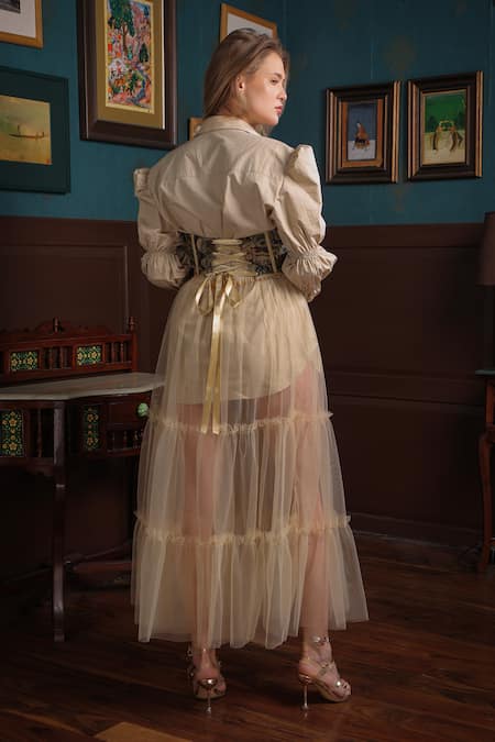 Shop Label Muslin Beige Cotton, Canvas, Tule Teddy Shirt Collar Solid With Tiered Skirt Set at Aza Fashions Shop_Label Muslin_Beige Cotton, Canvas, Tule Teddy Shirt Collar Solid With Tiered Skirt Set _at_Aza_Fashions