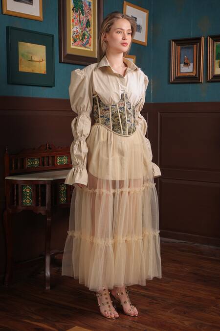 Buy Label Muslin Beige Cotton, Canvas, Tule Teddy Shirt Collar Solid With Tiered Skirt Set Online at Aza Fashions Buy_Label Muslin_Beige Cotton, Canvas, Tule Teddy Shirt Collar Solid With Tiered Skirt Set _Online_at_Aza_Fashions