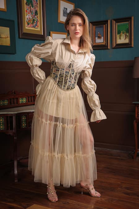 Label Muslin Beige Cotton, Canvas, Tule Teddy Shirt Collar Solid With Tiered Skirt Set at Aza Fashions Label Muslin_Beige Cotton, Canvas, Tule Teddy Shirt Collar Solid With Tiered Skirt Set _at_Aza_Fashions