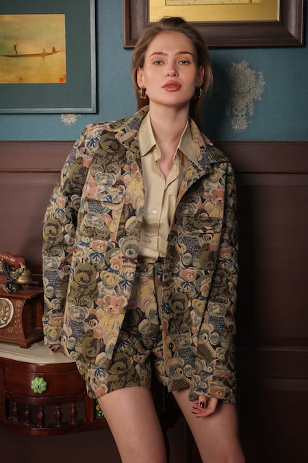 Buy_Label Muslin_Beige Cotton, Canvas Teddy Shirt And Jacket Collar Pattern Shorts Set _Online_at_Aza_Fashions