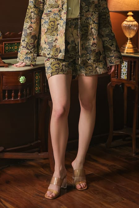 Shop_Label Muslin_Beige Cotton, Canvas Teddy Shirt And Jacket Collar Pattern Shorts Set _Online_at_Aza_Fashions