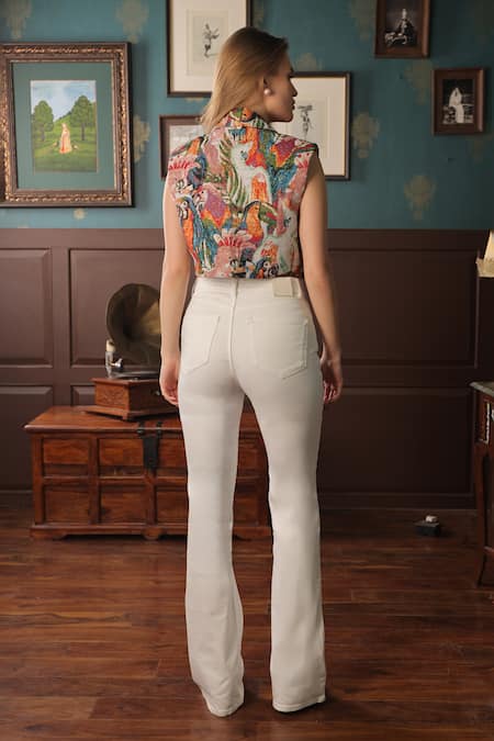 Shop_Label Muslin_Multi Color Canvas Bird Lapel Collar Pattern Waistcoat _at_Aza_Fashions