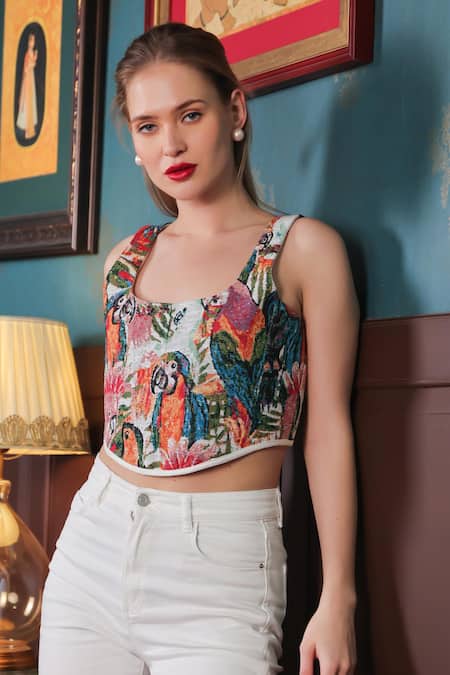 Label Muslin_Multi Color Canvas Bird U Neck Pattern Corset _Online_at_Aza_Fashions