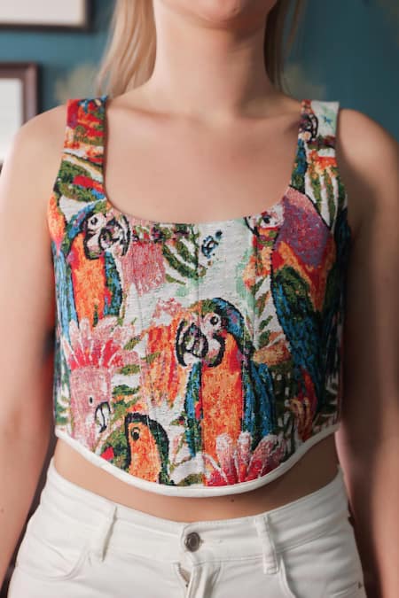Buy_Label Muslin_Multi Color Canvas Bird U Neck Pattern Corset _Online_at_Aza_Fashions