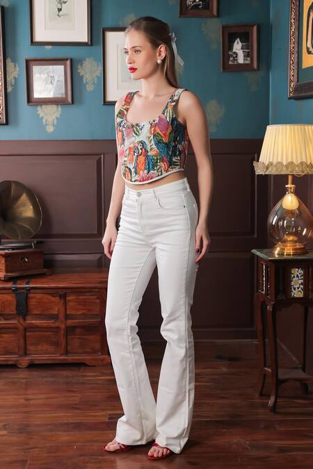 Shop_Label Muslin_Multi Color Canvas Bird U Neck Pattern Corset _at_Aza_Fashions