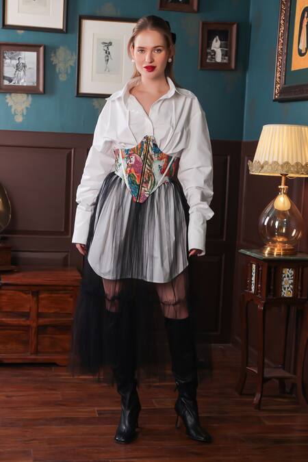 Label Muslin_White Cotton, Canvas, Tulle Embroidery Bird Pattern Corset Tiered Skirt Set _Online_at_Aza_Fashions
