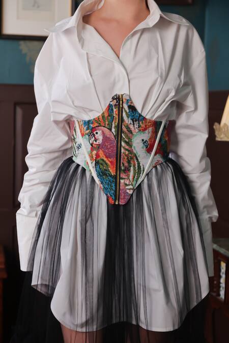 Shop_Label Muslin_White Cotton, Canvas, Tulle Embroidery Bird Pattern Corset Tiered Skirt Set _Online_at_Aza_Fashions
