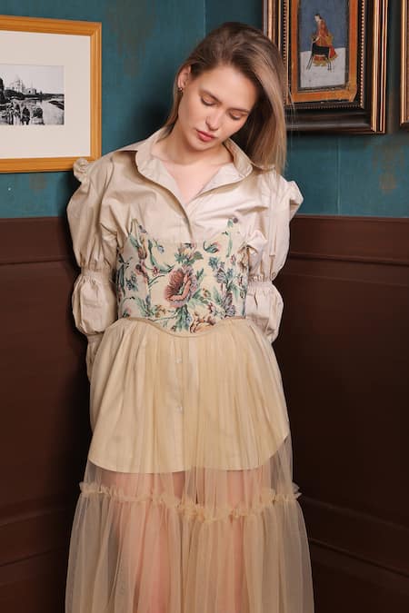 Buy Label Muslin Beige Cotton, Canvas, Tule Floral Shirt Collar Pattern Corset Tiered Skirt Set Online at Aza Fashions Buy_Label Muslin_Beige Cotton, Canvas, Tule Floral Shirt Collar Pattern Corset Tiered Skirt Set _Online_at_Aza_Fashions