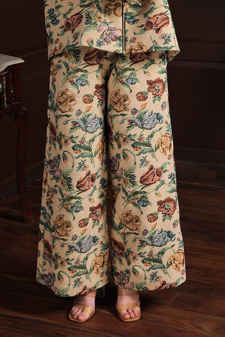 Buy_Label Muslin_Yellow Canvas Floral Collar Pattern Jacket With Pant _Online_at_Aza_Fashions