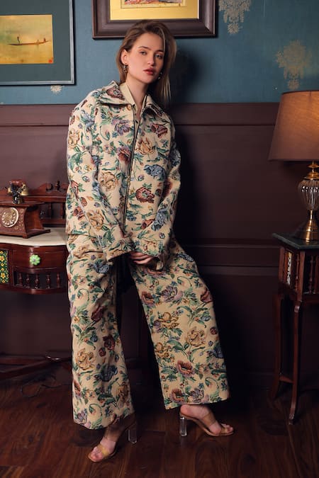 Shop_Label Muslin_Yellow Canvas Floral Collar Pattern Jacket With Pant _Online_at_Aza_Fashions