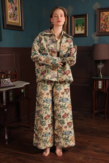 Label Muslin_Yellow Canvas Floral Collar Pattern Jacket With Pant _at_Aza_Fashions